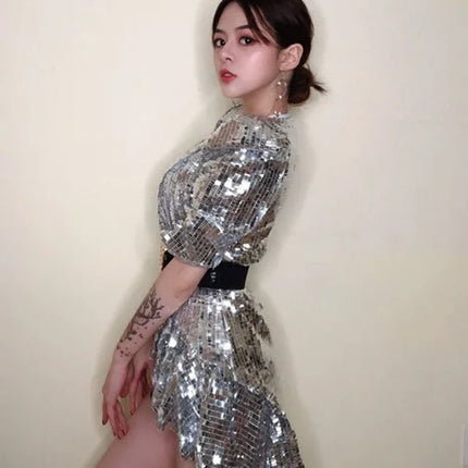 Sequined Shoulder Pad Tuxedo Leotard & Stage Performance Costume