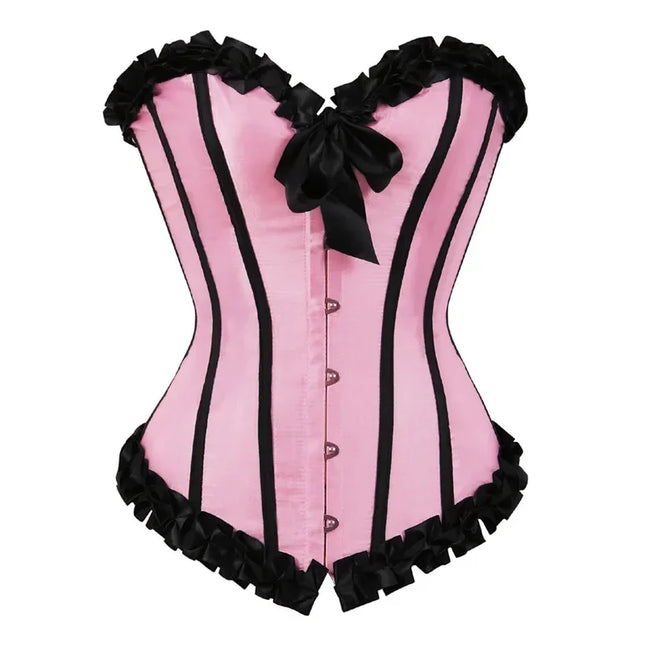 Vintage Gothic Striped Overbust Corset Lace Trim Satin Bustier Body Shaper
