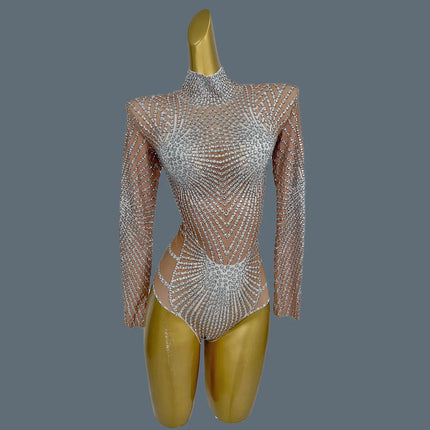 Sparkly Nude Rhinestone Dance Performance Leotard Stage Bodysuit