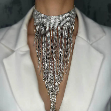 Rhinestone Fringe Tassel Choker Chain Necklace