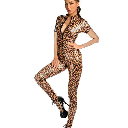 Leopard Print Open Crotch Wet-Look Faux Leather Jumpsuit Stage Cat-Suit Costume