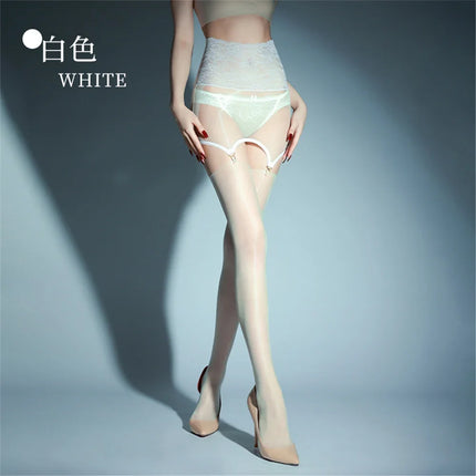 2-in-1 Oil Glossy 1D Sheer Garter Stockings with Lace Package Hip Skirt Tights Set