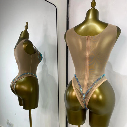 Geometric Rhinestone Mesh Performance Bodysuit
