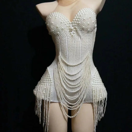 The Stardust Pearl Cascade Bodysuit – Luxury Beaded Tassel Showgirl Costume