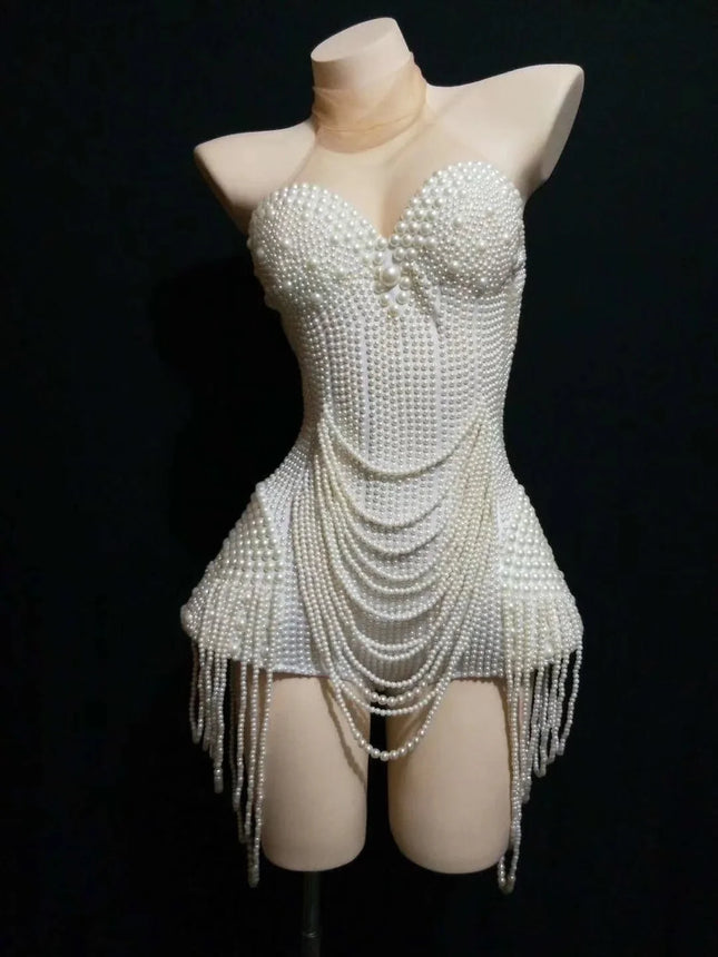 The Stardust Pearl Cascade Bodysuit – Luxury Beaded Tassel Showgirl Costume