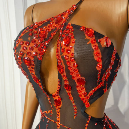 Crimson Flame Rhinestone Mesh Mini Dress Keyhole Cutout Backless Stage Costume