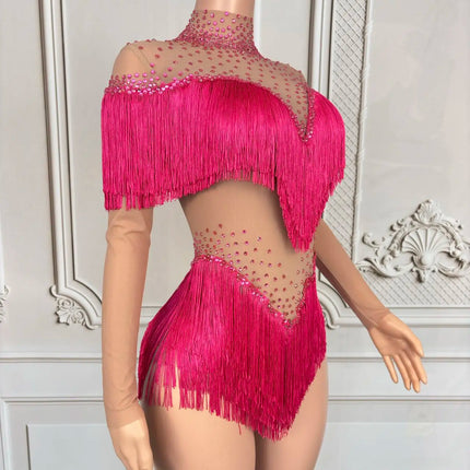 Sparkly Rhinestone Tassel Fringe Dance Performance Costume Stage Bodysuit