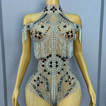 Luxury Rhinestone Sheer Mesh Bodysuit Drag Queen Stage Costume Leotard