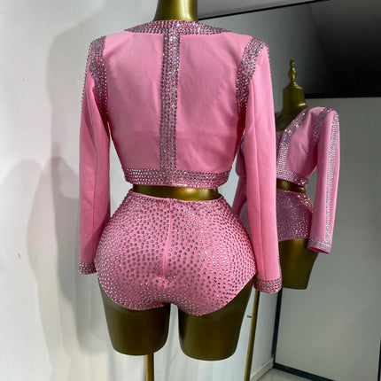 Rhinestone Bustier, High-Waist Mini Shorts & Cropped Jacket 3-Piece Performance Costume Set