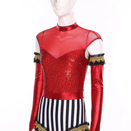 Circus Ringmaster Sequin Striped Bodysuit & Metallic Gloves 2-Piece Stage Costume Set