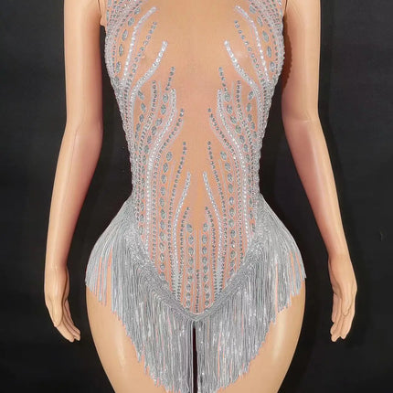 Sparkly Rhinestone, Sequin & Fringe Sleeveless Bodysuit Stage Performance Costume
