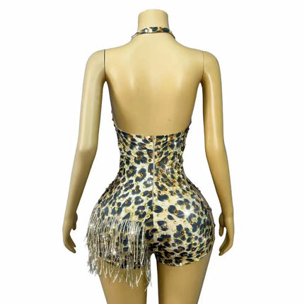 Sexy Backless Halter Leopard Fringe Bodysuit Women Bar Party Crystal Tassel Leotard Singer Concert Performance Dance Costume