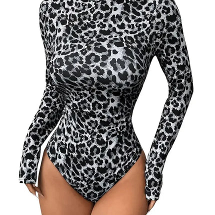 Leopard Print Long-Sleeve Stand Collar Bodysuit Sexy Cutout Stage One-Piece