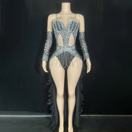 The Stardust Showgirl Finale – Rhinestone Bodysuit & Feather Train Costume