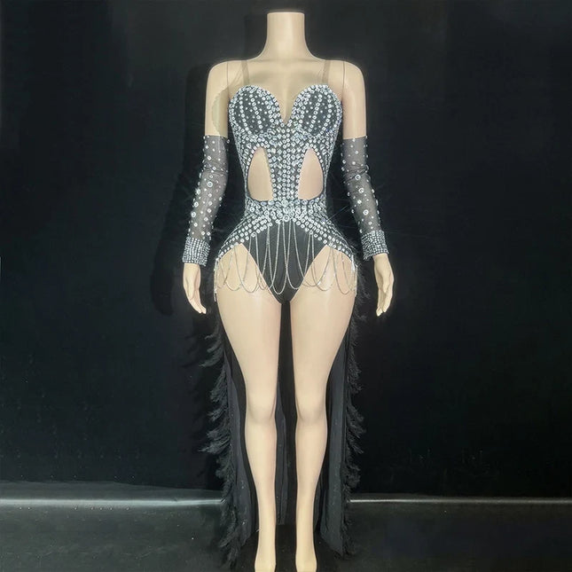 The Stardust Showgirl Finale – Rhinestone Bodysuit & Feather Train Costume