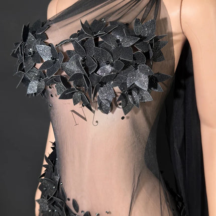 Sheer Rhinestone Applique Evening Gown Long Tail Showgirl Stage Performance Dress