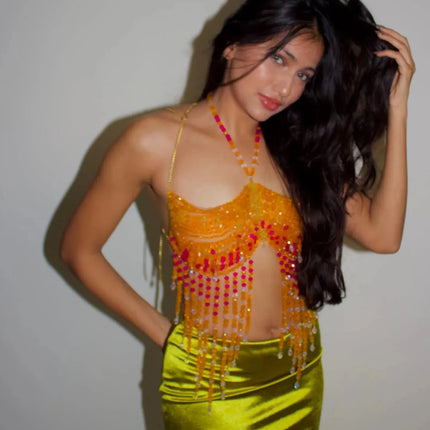 Handmade Multilayer Beaded Bra Chain & Vibrant Sunset Chest Harness