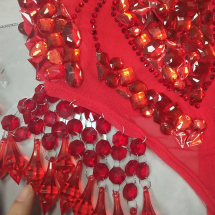 Sexy Nightclub Bar Gogo Dance Costume Red Rhinestones Fringe Mesh Bodysuit Gloves Performance Stage Wear Party Show Rave Outfits