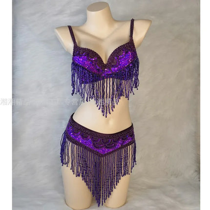 The Stardust Cabaret 2-Piece Ensemble – Luxury Sequin Fringe Bra & Belt Set