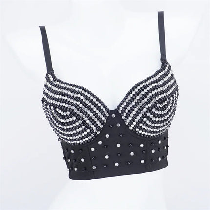 Rhinestone Beaded Bustier Corset Crop Top High Fashion Evening Party Bralette