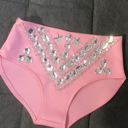 Rhinestone Bikini Bra & High-Waist Shorts 2-Piece Performance Costume Set