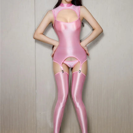 Oil Glossy Sheer Sleeveless Hollow-Out Garter Bodysuit with G-String & Stockings Set