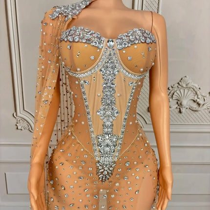 Sparkly Rhinestone & Pearl Mesh Evening Gown with Cloak Sleeves Stage Costume