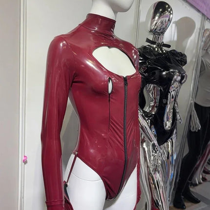 Faux Latex PU Leather Hollow-Out Breast Zipper Bodysuit & Stockings Set
