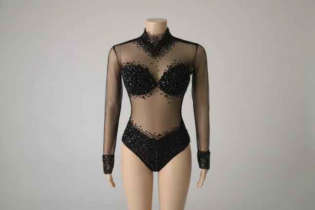 Rhinestone Encrusted Mesh Performance Bodysuit