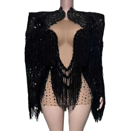 Sparkly Black Rhinestone Fringe Dress & Shawl 2-Piece Set Stage Performance Costume