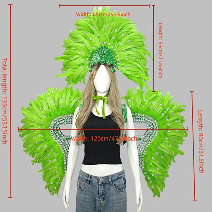 Carnival Elegant Ladies Feather Headdress Wings Two-Piece Role Play Catwalk Halloween Masquerade Carnival Party Suit
