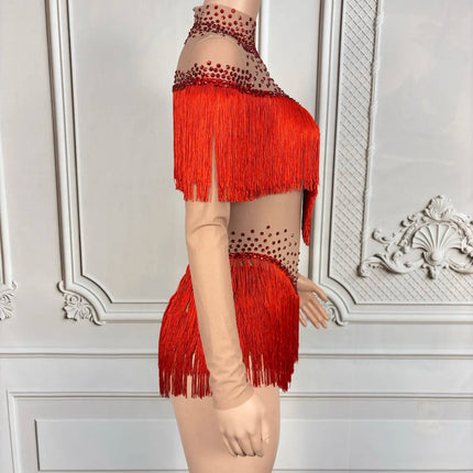 Sparkly Rhinestone Tassel Fringe Dance Performance Costume Stage Bodysuit