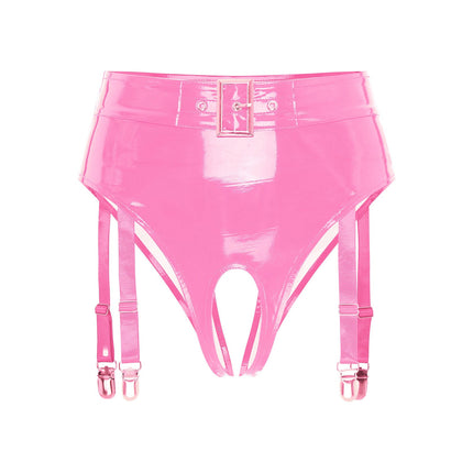 High-Waist Patent Leather Crotchless Thong & Garter Clip Lingerie