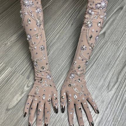 The Stardust Illusion Rhinestone Gloves – Luxury Crystal Mesh Opera Gloves