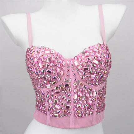 The Stardust Prism Siren – Sparkly Pink Rhinestone & Beaded Bustier Corset Crop Top
