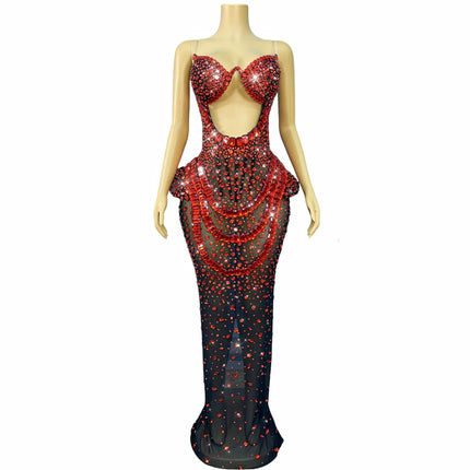 Vintage-Inspired Heavy Rhinestone Mesh Evening Prom Dress