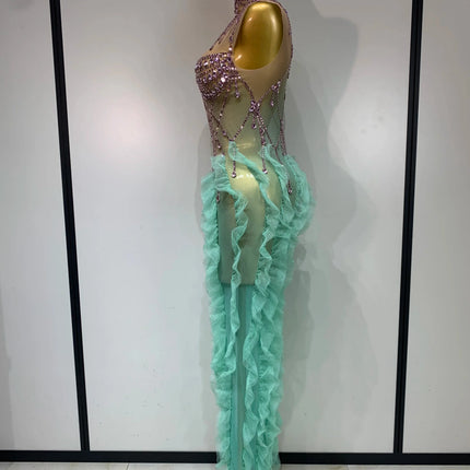 Mint Green Ombré Rhinestone Illusion Gown Tiered Ruffle Hem Maxi Stage Dress