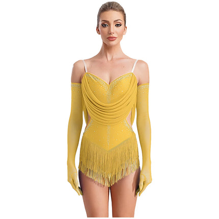 Sparkly Rhinestone & Tassel Fringe Dance Leotard with Gloves Two-Piece Stage Costume