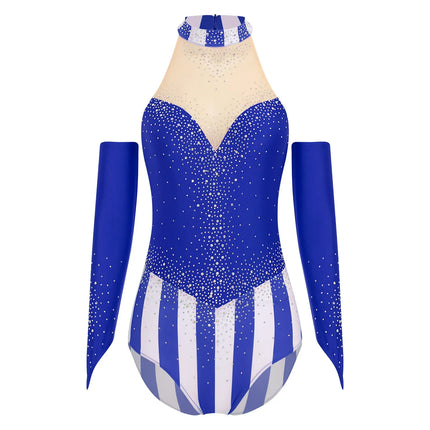 Circus Ringmaster Rhinestone Striped Leotard & Fingerless Gloves Costume Set
