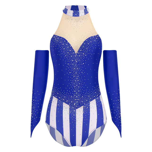 Circus Ringmaster Rhinestone Striped Leotard & Fingerless Gloves Costume Set