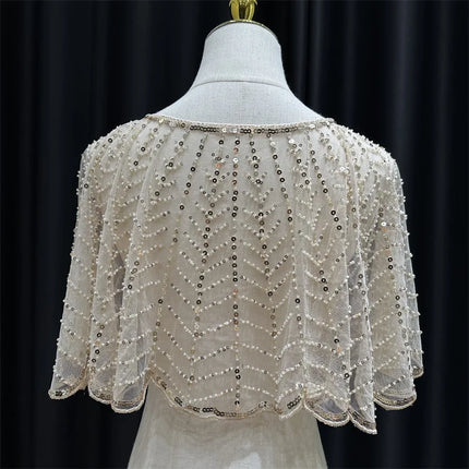 Sparkly Sequin & Beaded Leaf Mesh Capelet Evening Shawl Bolero Jacket