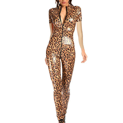 Leopard Print Open Crotch Wet-Look Faux Leather Jumpsuit Stage Cat-Suit Costume