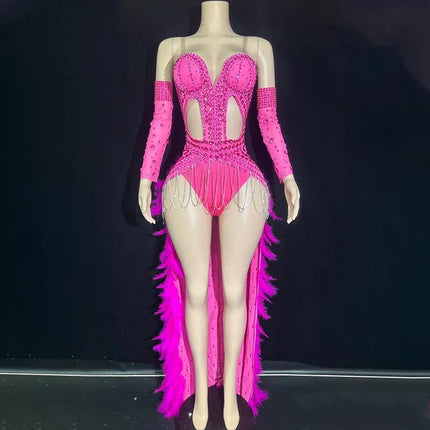 The Stardust Showgirl Finale – Rhinestone Bodysuit & Feather Train Costume