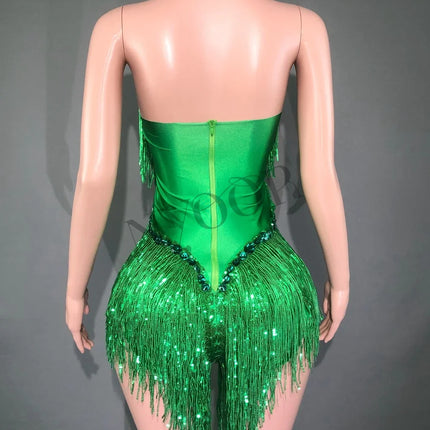 Sparkly Emerald Green Rhinestone Sequin Fringe Bodysuit Backless Stage Leotard