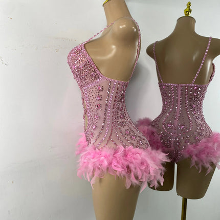 The Stardust Follies Feather Bodysuit – Luxury Rhinestone & Mesh Showgirl Costume