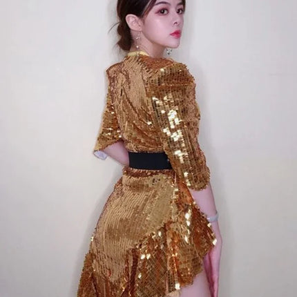 Sequined Shoulder Pad Tuxedo Leotard & Stage Performance Costume