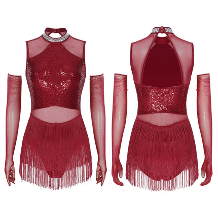 Sparkly Sequin & Fringe Dance Dress with Gloves Latin Stage Performance Costume