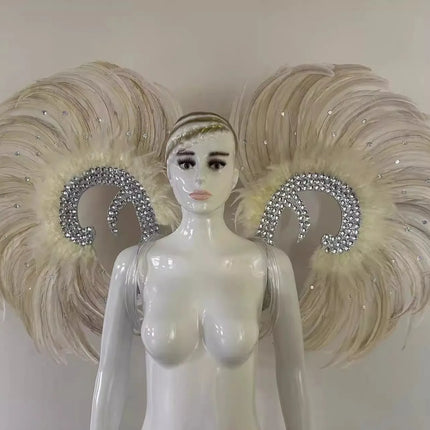 Showgirl Feather Wing Backpiece with Rhinestone Scroll Frames