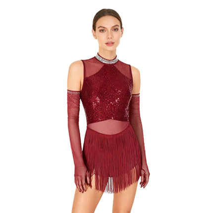 Sparkly Sequin & Fringe Dance Dress with Gloves Latin Stage Performance Costume