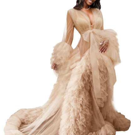 Voluminous Illusion Tulle Ruffle Long Robe Dressing Gown